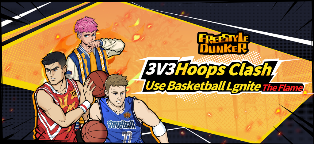 Anime-style basketball players in a promotional banner for Freestyle Dunker 3v3 Hoops Clash mobile game.