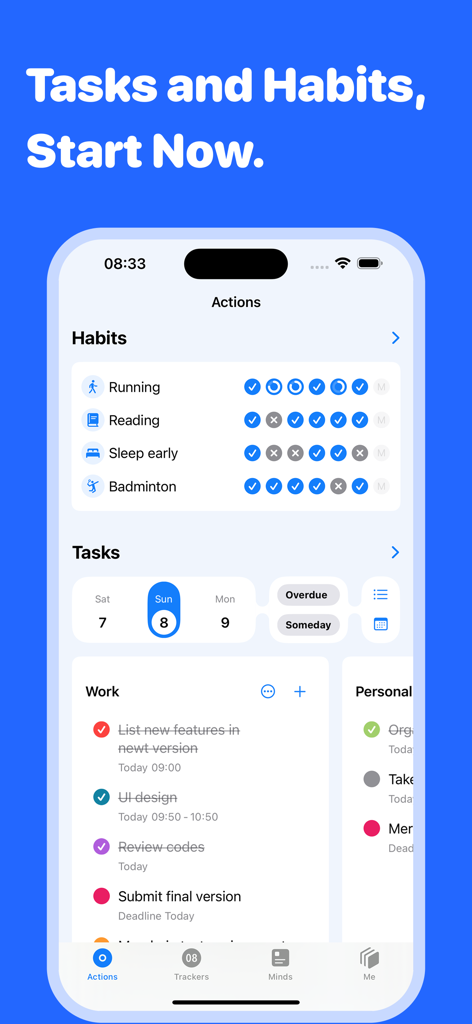 Mindkit-keep things organized - Interfaz de la aplicación Mindkit que muestra el seguimiento de hábitos y las tareas diarias