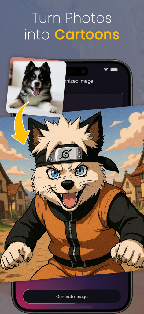 AI Photo Editor : ImageAI - Interface de l'application ImageAI montrant une photo de chien réelle transformée en personnage cartoon inspiré d'anime.