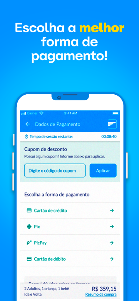 Águia Branca Passagens - Schermata mobile che mostra le opzioni di pagamento per i biglietti dell'autobus, tra cui carta di credito, Pix e PicPay