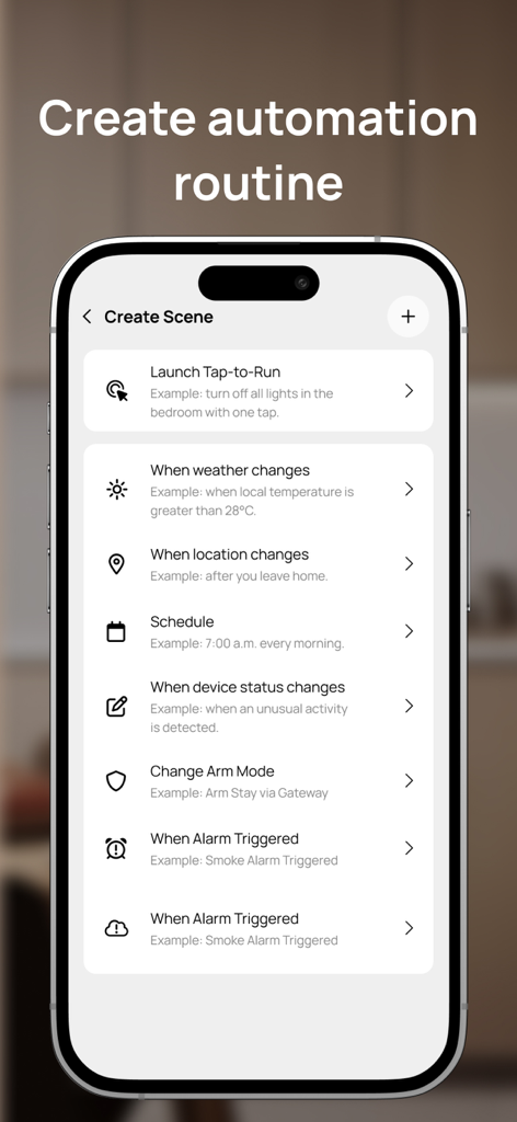 Interfaz de la app Smart Life para crear escenas de automatización del hogar basadas en el clima, la ubicación y los horarios