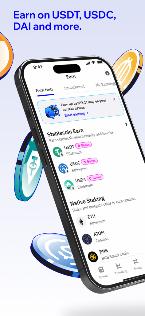 Trust Wallet mobile app interface showing stablecoin staking options and earn rewards feature