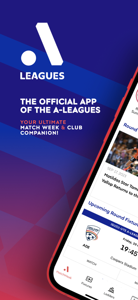 A-Leagues & Clubs Official App - Interfaz de la aplicación oficial de A-Leagues que muestra partidos y el logo de la liga