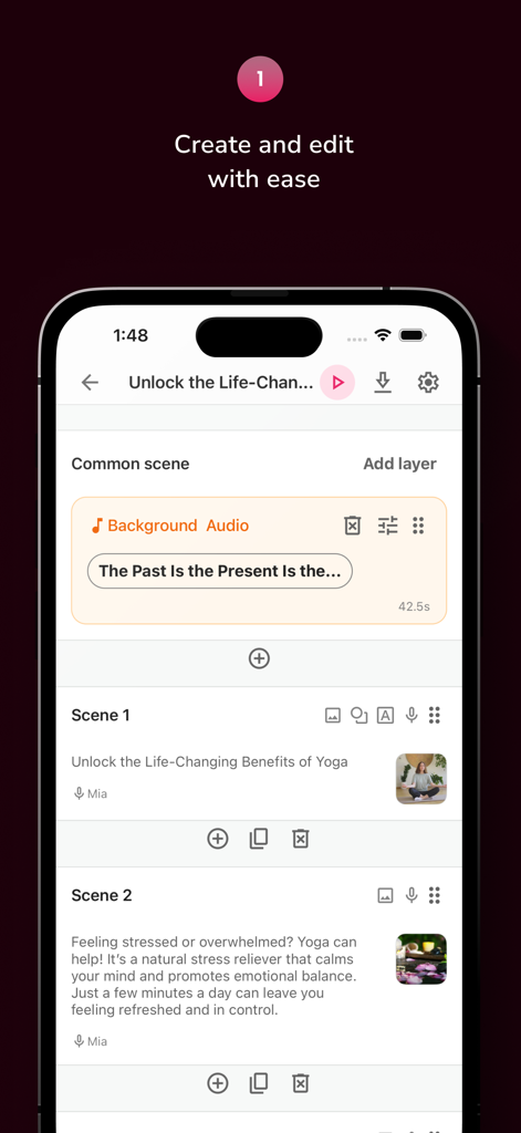 Fliki - AI Video Editor - Mobile interface of Fliki AI video editor showing scenes and audio settings for a yoga video