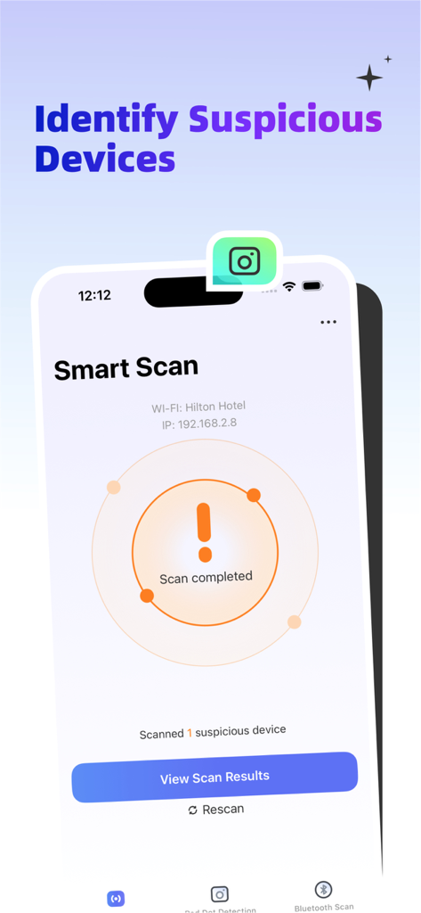 Hidden Camera Detector Pro+ - ホテルの部屋で1台の疑わしいデバイスが見つかったことを示すスマートスキャン画面