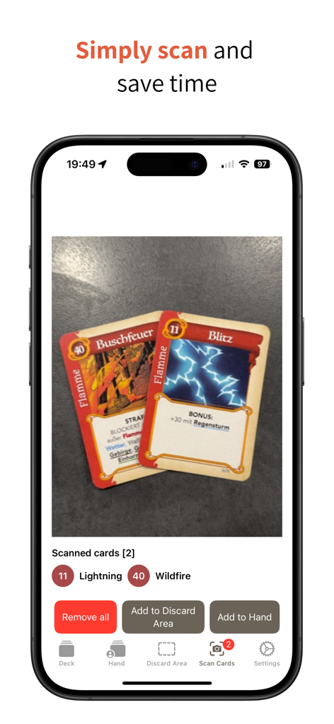 Fantasy Scoring - Smartphone screen showing the Fantasy Scoring app scanning physical cards from the board game Fantasy Realms using OCR technology.
