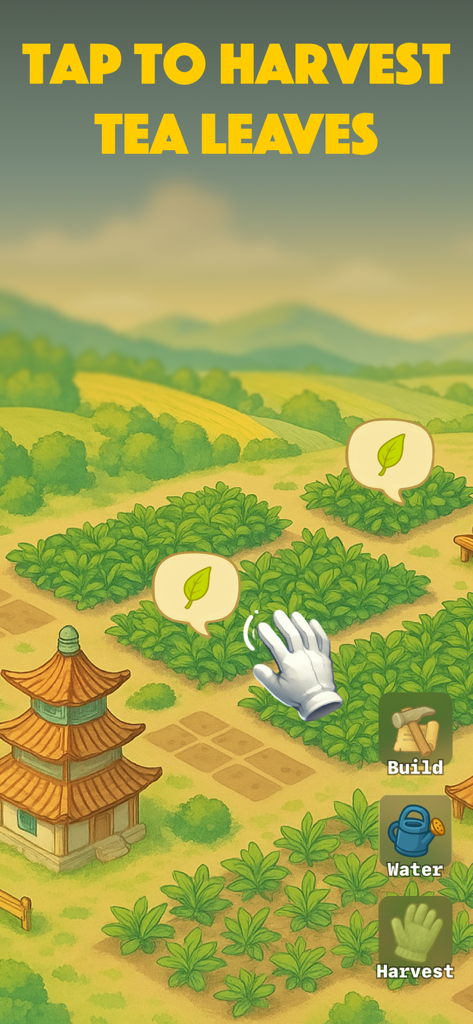 Gameplay screenshot of Idle Tea Farm Tycoon showing green tea fields and a tap to harvest prompt