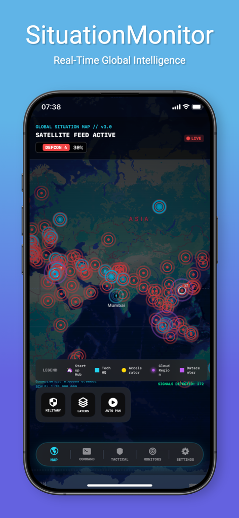 SituationMonitor - SituationMonitor app interface showing a global tactical map with real time intelligence signals and satellite feed active status