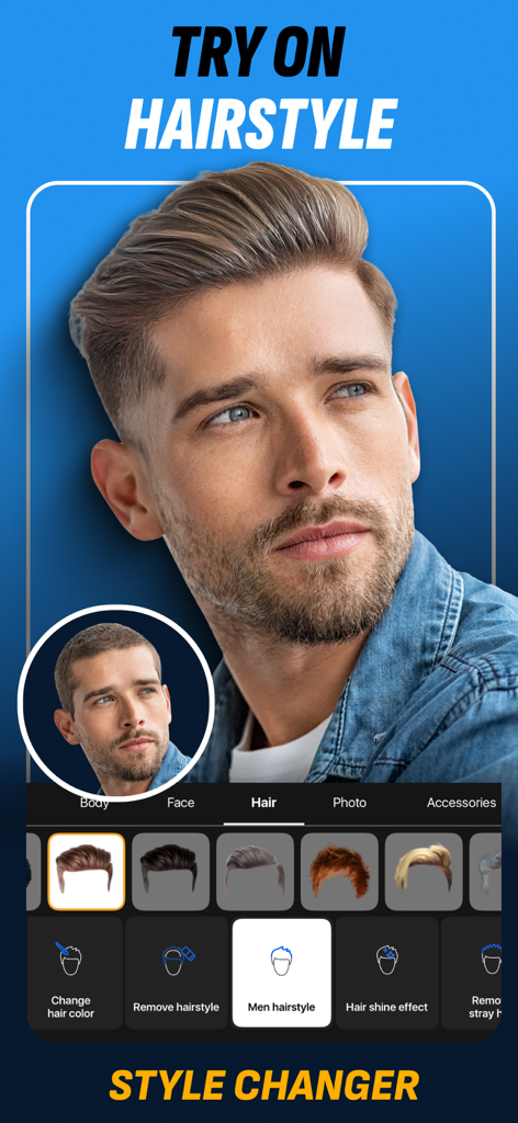 Retouch Men app interface showing a virtual hairstyle try on for men with before and after comparison