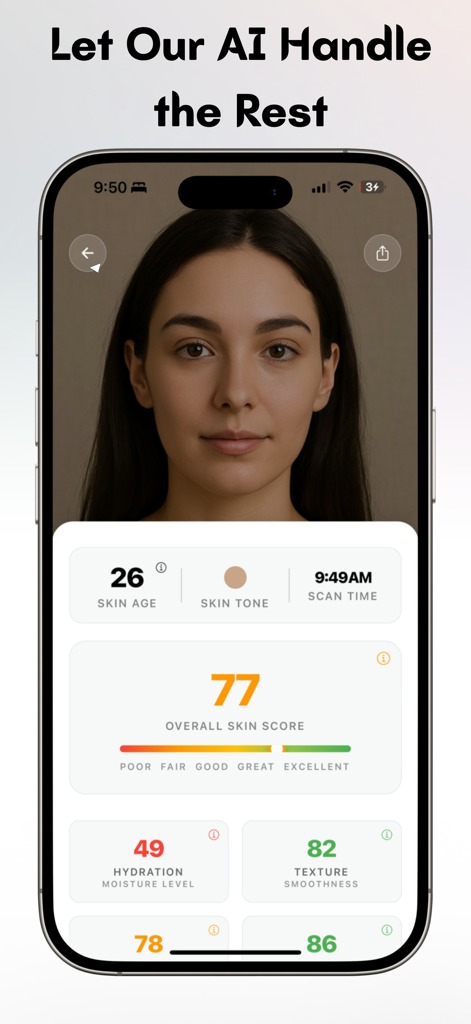 Glowup AI: Skin & Beauty Coach - Mobile app interface showing a facial scan and AI-generated skin analysis with an overall skin score and skin age