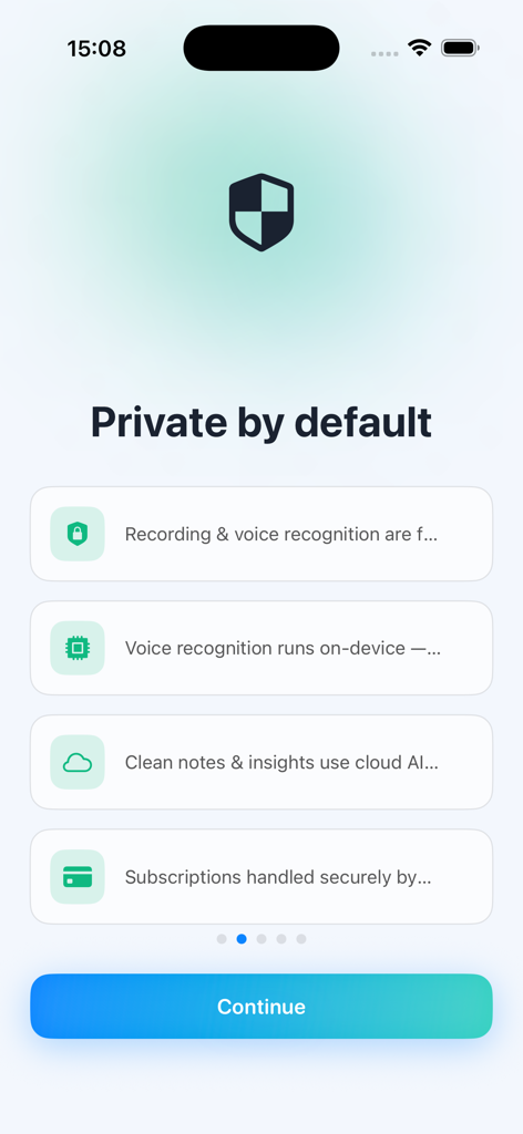 Affirmations - Voicey - 개인 정보 보호 기능과 온디바이스 전사 기능을 강조하는 Voicey 앱 온보딩 화면