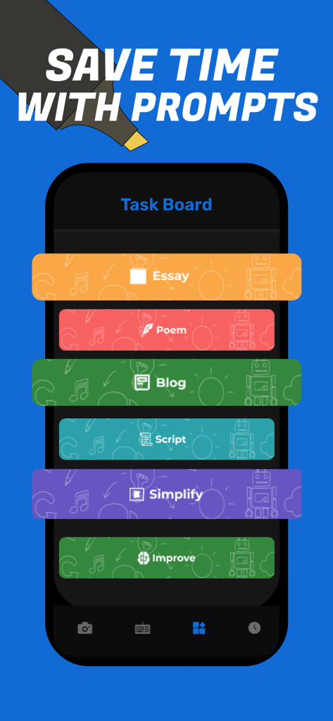 Photo Answer: Math Helper AI - Task board interface in Photo Answer app showing AI writing prompts for essays, poems, scripts, and blogs.
