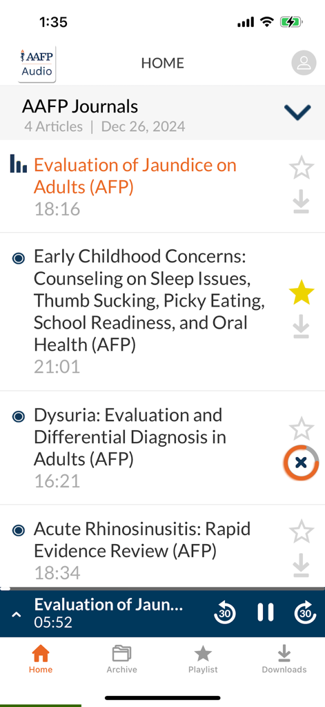 AAFP Audio - AAFP Audio app home screen showing a list of medical journal articles with playback controls.