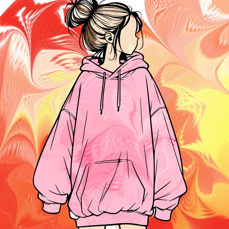 realistic girl with a oversized sweatshirt on and a bun
