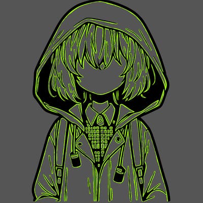 little anime girl in a raincoat her hair is covering her eyes she has a lighter