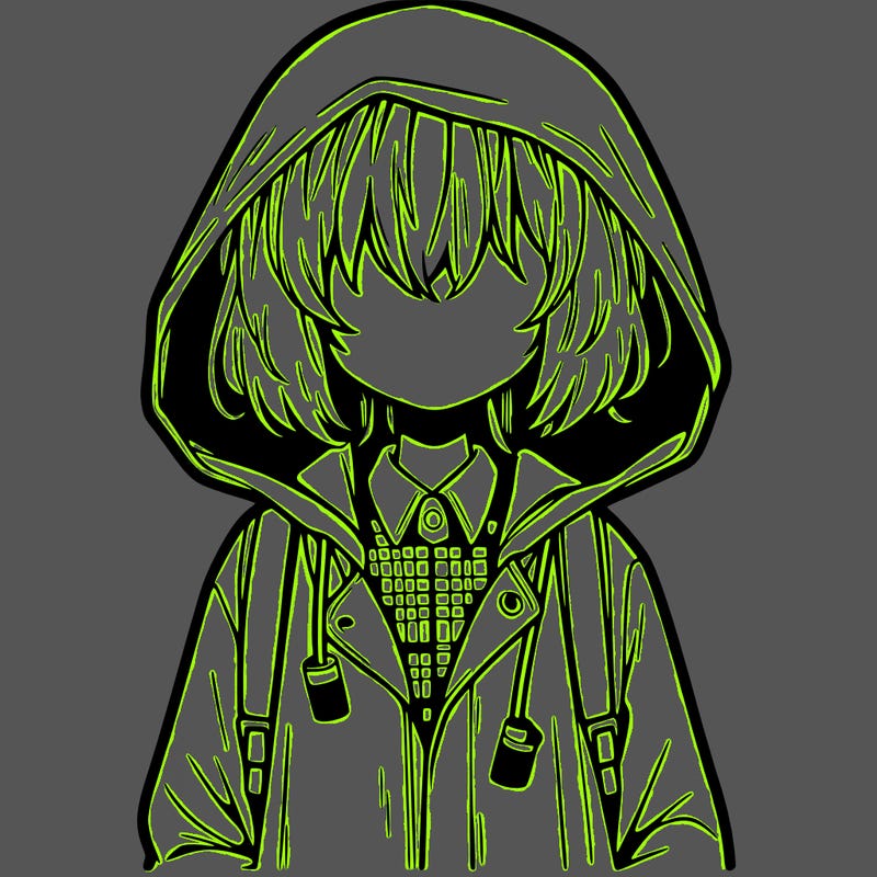 little anime girl in a raincoat her hair is covering her eyes she has a lighter