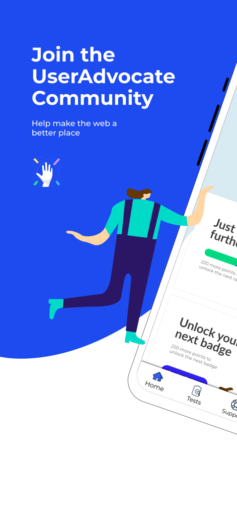 A promotional screen for UserAdvocate by UXArmy inviting users to join the community and provide feedback to improve the web.