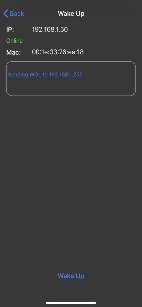 Mocha WOL - Interfaz de la aplicación Mocha WOL que muestra la pantalla de encendido con los detalles de la dirección IP y la dirección MAC