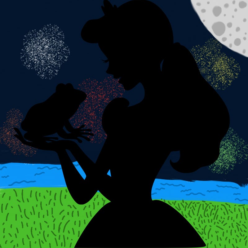 a shadow of a princess holding a frog realistic