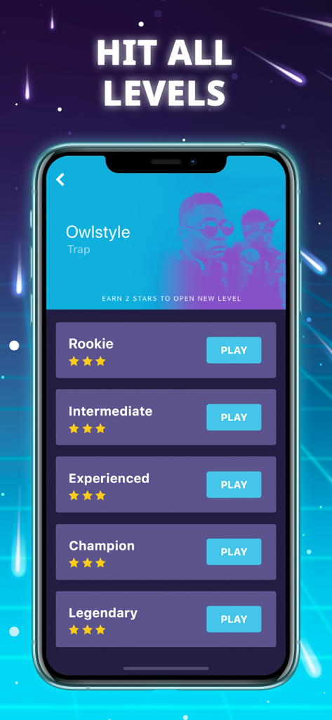 Beat Maker Star - Rhythm Game - Pantalla de selección de nivel en el juego de ritmo Beat Maker Star que muestra varios niveles de dificultad para una canción de trap.