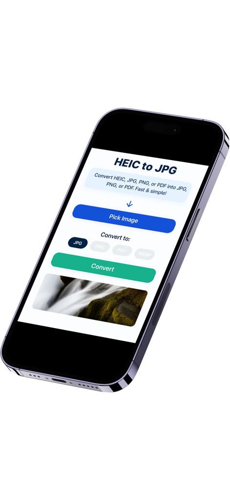 HEIC Converter: JPG PDF PNG - Oberfläche der HEIC Converter App auf einem iPhone, die Optionen zur Auswahl und Konvertierung von Bildern in JPG, PNG oder PDF zeigt