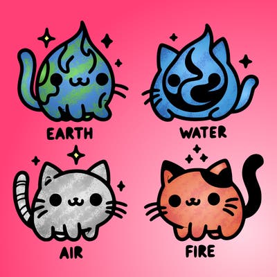 4 cats that represent the different elements, earth, water, air, and fire