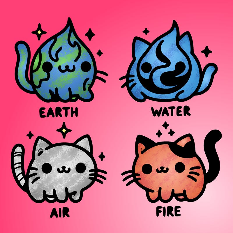 4 cats that represent the different elements, earth, water, air, and fire