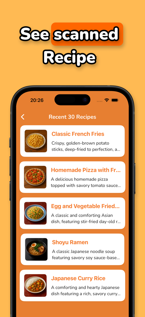 Mama AI - Recipe Identifier - Mama AI app interface showing a list of recently scanned recipes including pizza and ramen