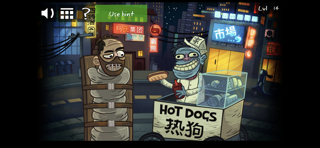 Troll Face Quest Horror - 거리에서 주둥이가 막힌 연쇄 살인범을 골탕 먹이는 핫도그 판매원으로 분장한 트롤 페이스 캐릭터