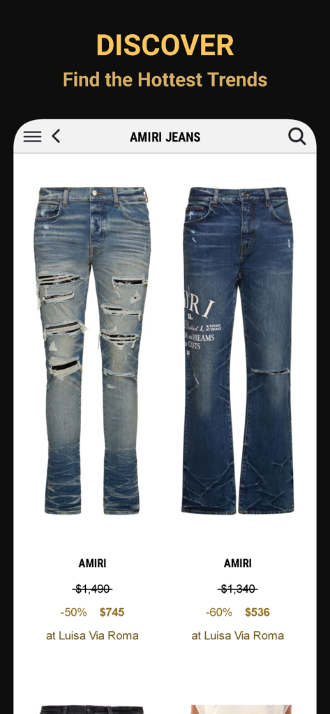 Luxury Brands Search｜CHERCHER - Interface de l'application Chercher affichant un jean Amiri tendance avec des prix réduits