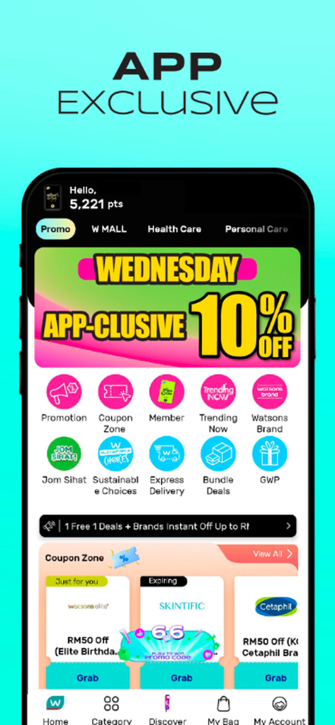 독점 수요일 할인 및 쇼핑 탐색 아이콘이 표시된 Watsons MY 모바일 앱 홈 화면