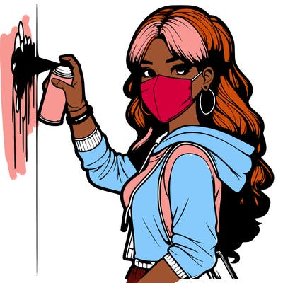 realistic girl with mask spray painting a wall