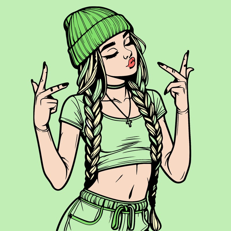 realistic teenage girl with braids and a beanie and crop top doing 🫶🏼
