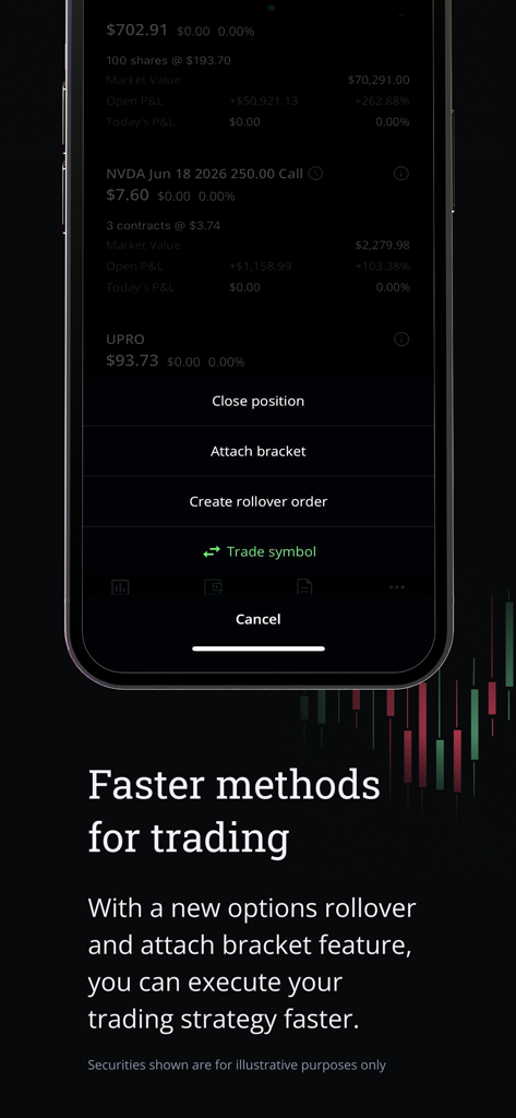 Questrade Edge Mobile app interface showing quick trading actions like attach bracket and create rollover order