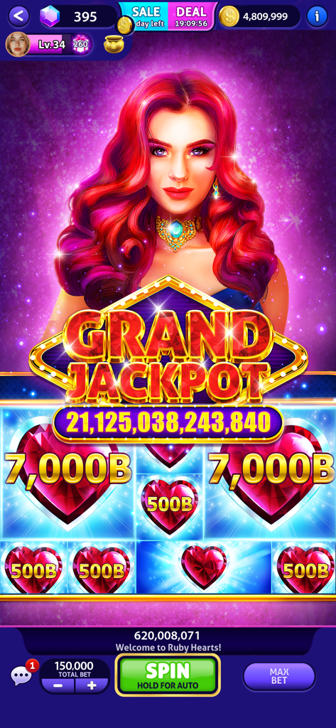 Club Vegas slots grand jackpot screen with ruby hearts and a glamorous character