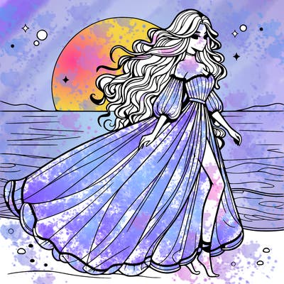 beautiful woman with a vaporous long dress walking on the beach at the noon, detailed art