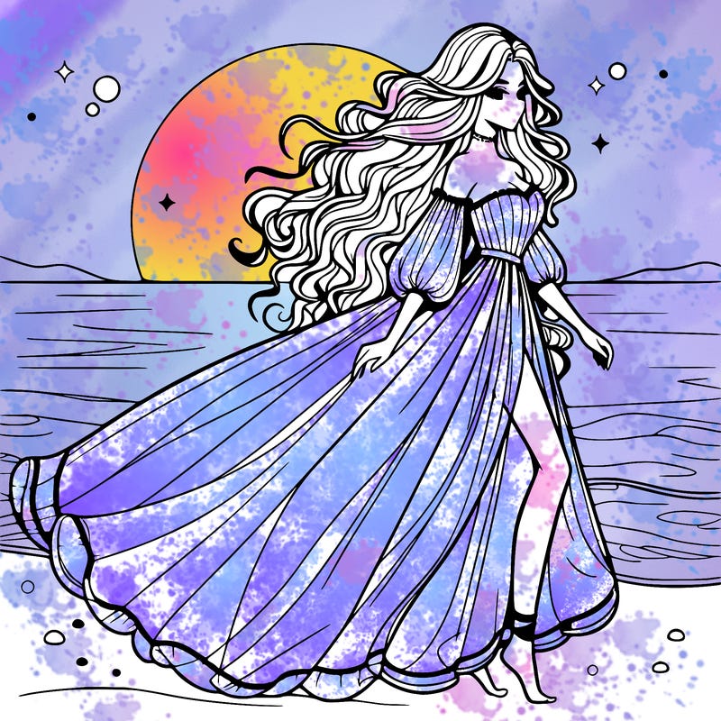 beautiful woman with a vaporous long dress walking on the beach at the noon, detailed art