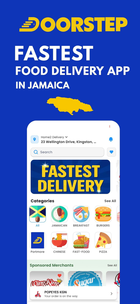 Doorstep JA Food Delivery - Doorstep JA mobile app interface showing food categories and delivery tracking in Jamaica