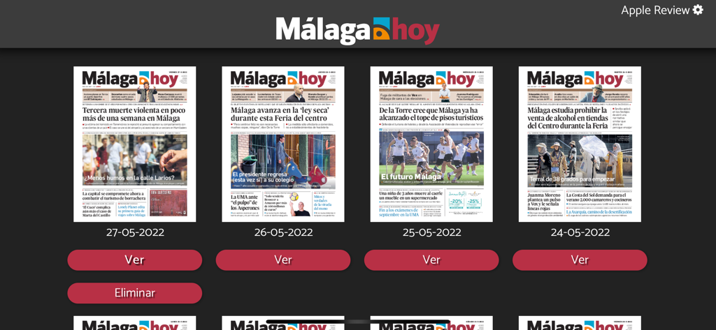 Aplicación Málaga hoy que muestra una biblioteca de portadas de periódicos digitales archivados