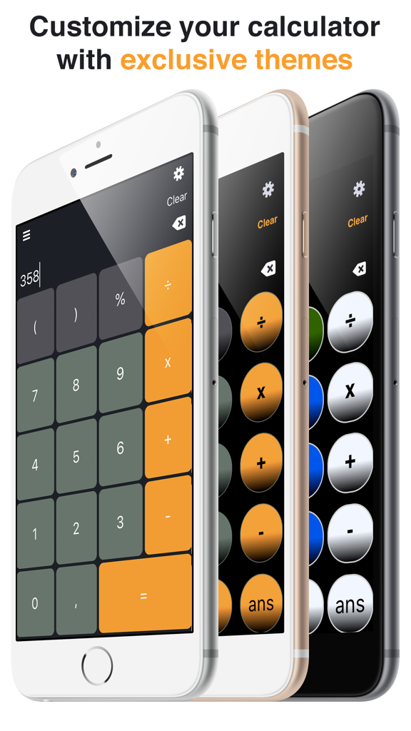 Three iPhones displaying different exclusive color themes for The Calculator Pro app