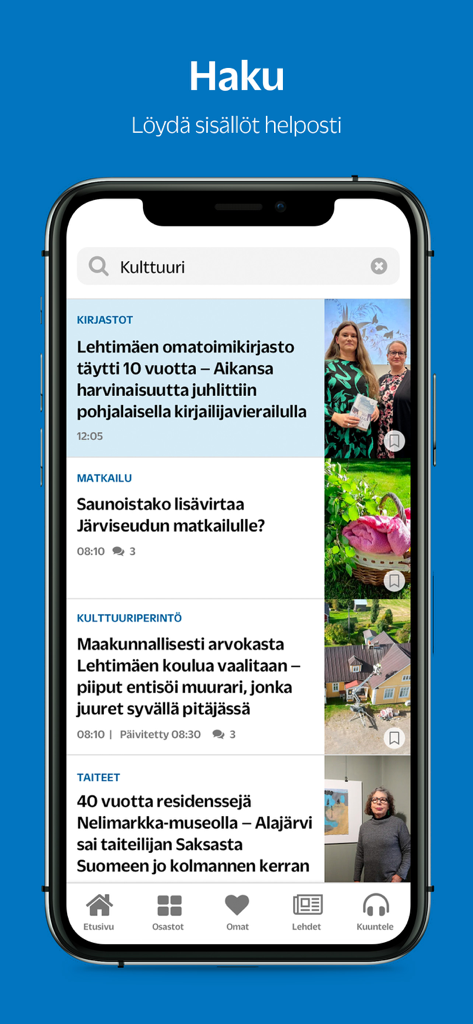 Järviseutu - Mobile app search interface for Jarviseutu local news showing search results for culture articles