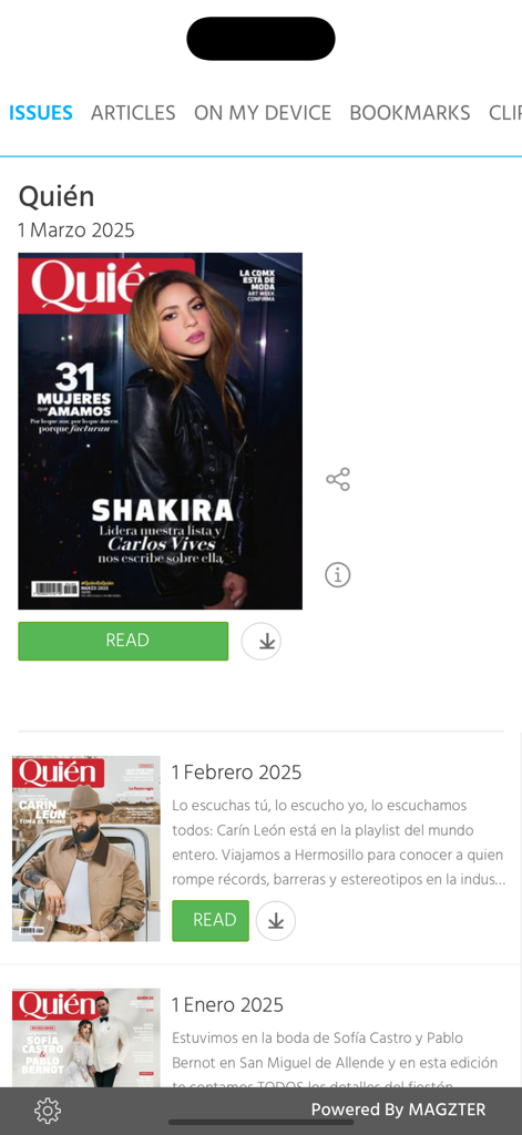 Quién - Digital library of Quien magazine showing the latest issues with Shakira on the cover.