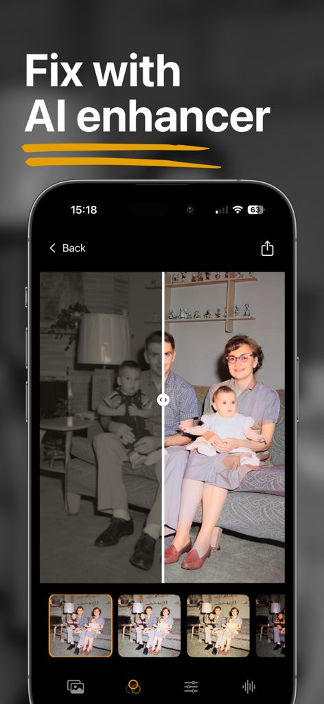 Colorize Old Photos: Pholorize - Before and after comparison of a colorized vintage family photo using the Pholorize AI enhancer