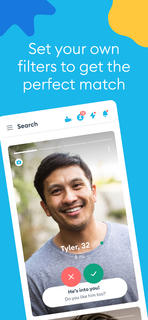 Zoosk dating app interface showing a male user profile with a prompt to set search filters for matches
