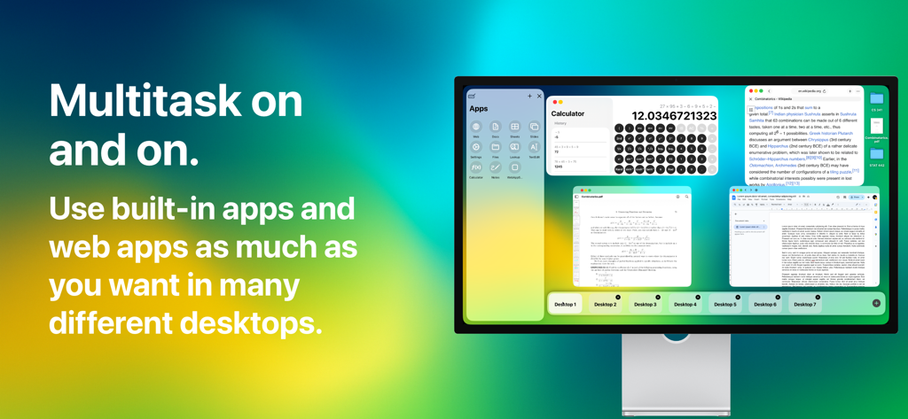 A desktop style multitasking interface on an external monitor with multiple windows and virtual desktops