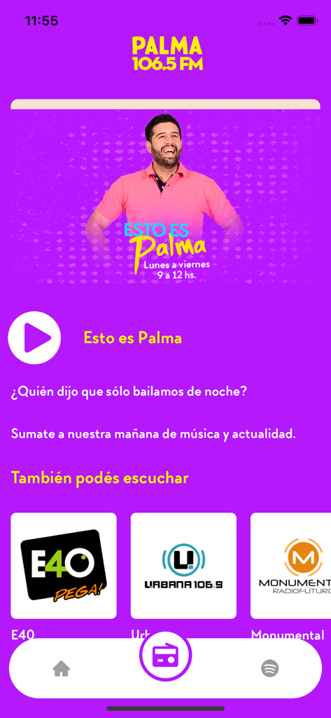 Interfaz de la app Palma FM 106.5 mostrando el programa de radio Esto es Palma y estaciones alternativas