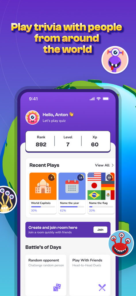 QuizWiz - Trivia App - Menú principal de la aplicación de trivia QuizWiz mostrando estadísticas del jugador y categorías de cuestionarios
