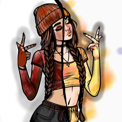 realistic teenage girl with braids and a beanie and crop top doing 🫶🏼