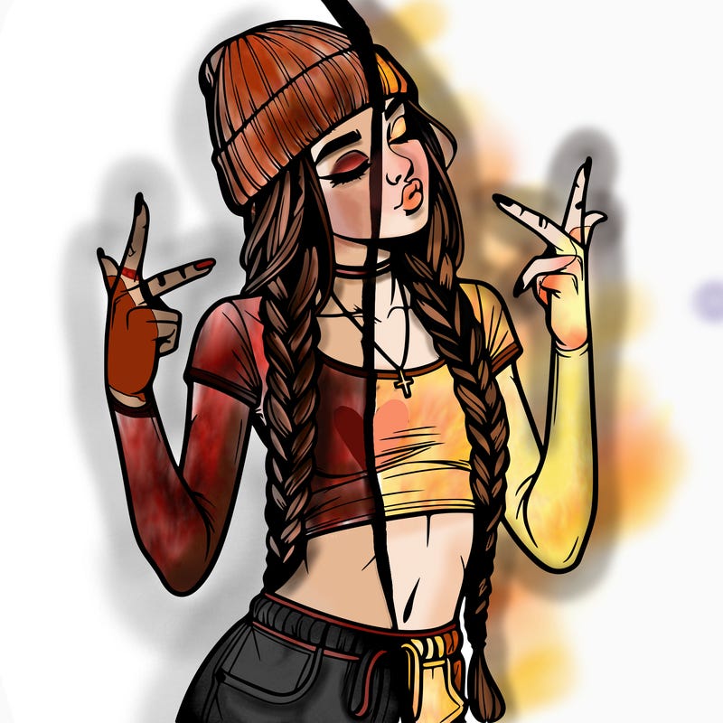 realistic teenage girl with braids and a beanie and crop top doing 🫶🏼