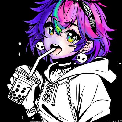 hot baddie anime girl drinking boba and biting the straw